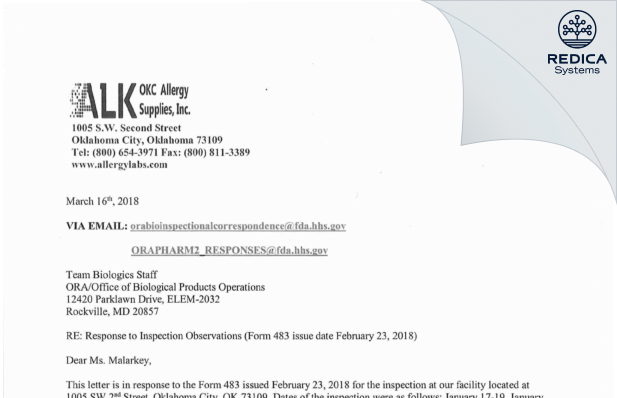 FDA 483 Response - OKC Allergy Supplies, Inc. [Oklahoma City / United States of America] - Download PDF - Redica Systems