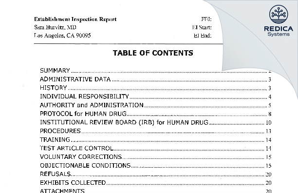 EIR - Sara Hurvitz, MD [Los Angeles / United States of America] - Download PDF - Redica Systems