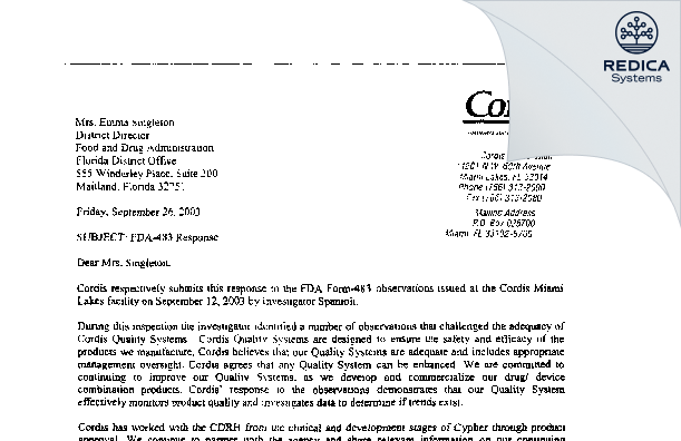 FDA 483 Response - Cordis US Corp [Miami Lakes / United States of America] - Download PDF - Redica Systems