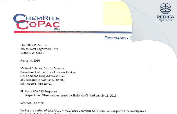 FDA 483 Response - Chemrite Copac, Inc. [Lannon / United States of America] - Download PDF - Redica Systems
