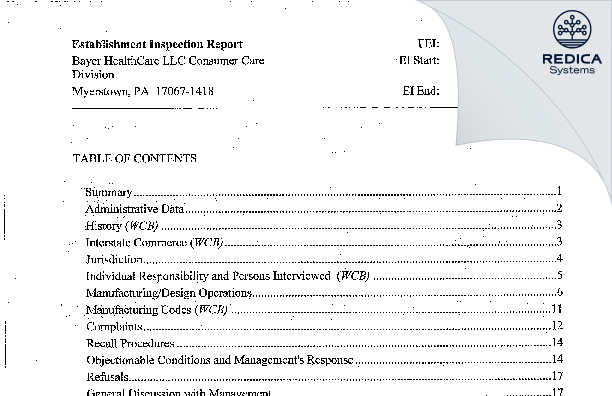 EIR - BAYER HEALTHCARE LLC [Myerstown Pennsylvania / United States of America] - Download PDF - Redica Systems