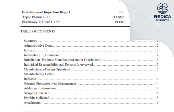 EIR - APPCO PHARMA LLC [Jersey / United States of America] - Download PDF - Redica Systems