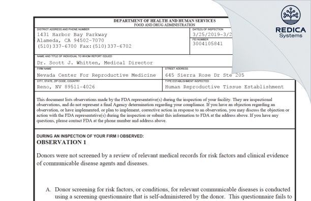 FDA 483 - Nevada Center For Reproductive Medicine [Reno / United States of America] - Download PDF - Redica Systems