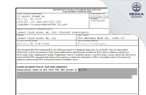 FDA 483 - Robert Clark Brown, MD, PhD [Atlanta / United States of America] - Download PDF - Redica Systems