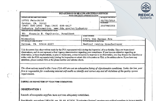 FDA 483 - Biomerica, Inc. [Irvine / United States of America] - Download PDF - Redica Systems