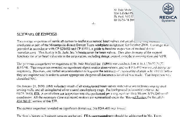 EIR - St Jude Medical Inc [Saint Paul / United States of America] - Download PDF - Redica Systems