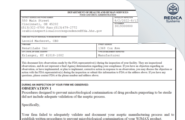 FDA 483 - RenatiLabs Inc [Erlanger / United States of America] - Download PDF - Redica Systems