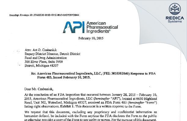 FDA 483 Response - AMERICAN PHARMACEUTICAL INGREDIENTS LLC d.b.a American Pharmaceutical Distributors [Waterford / United States of America] - Download PDF - Redica Systems