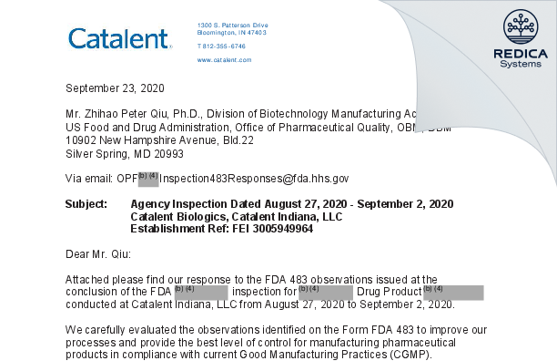 FDA 483 Response - Catalent Indiana, LLC [Bloomington / United States of America] - Download PDF - Redica Systems