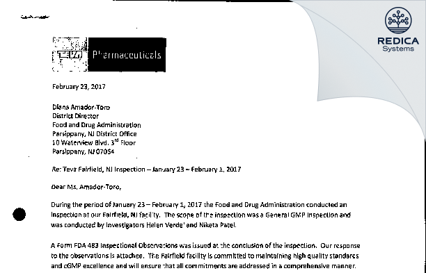 FDA 483 Response - Teva Pharmaceuticals USA, Inc. [Fairfield / United States of America] - Download PDF - Redica Systems
