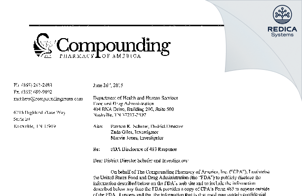 FDA 483 Response - The Compounding Pharmacy of America [Knoxville / United States of America] - Download PDF - Redica Systems