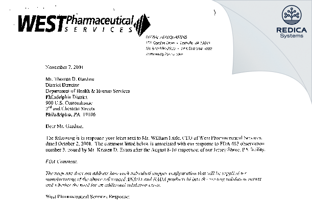 FDA 483 Response - West Pharmaceutical Services, Inc. [Jersey Shore Pennsylvania / United States of America] - Download PDF - Redica Systems