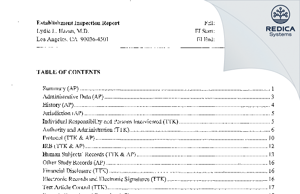EIR - Lydie L. Hazan, M.D. [Los Angeles / United States of America] - Download PDF - Redica Systems