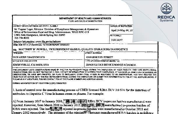 FDA 483 - Novartis Diagnostics [Emeryville / United States of America] - Download PDF - Redica Systems