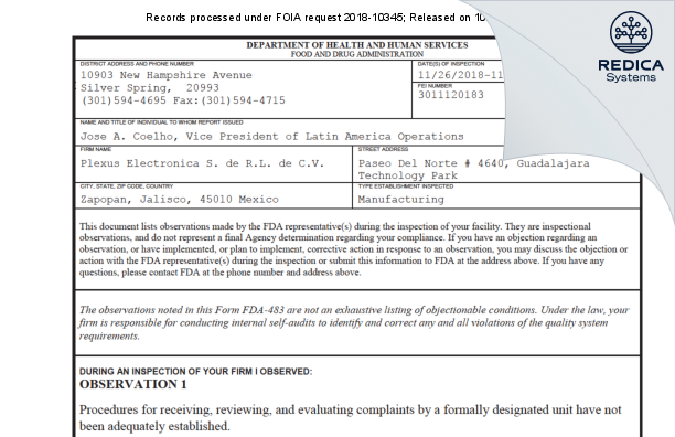 FDA 483 - Plexus Electronica S. de R.L. de C.V. [Zapopan / Mexico] - Download PDF - Redica Systems