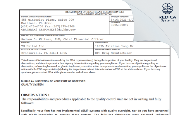 FDA 483 - Wittman Pharma, Inc. [Brooksville Florida / United States of America] - Download PDF - Redica Systems