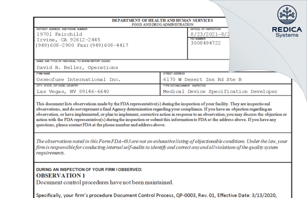 FDA 483 - Osseofuse International Inc. [Las Vegas / United States of America] - Download PDF - Redica Systems
