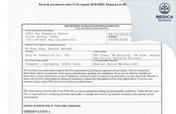 FDA 483 - KANG ZE INDUSTRIAL CO., LTD [Dongguan / China] - Download PDF - Redica Systems