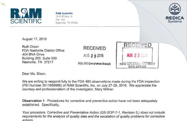 FDA 483 Response - RAM Scientific, Inc. [Nashville / United States of America] - Download PDF - Redica Systems