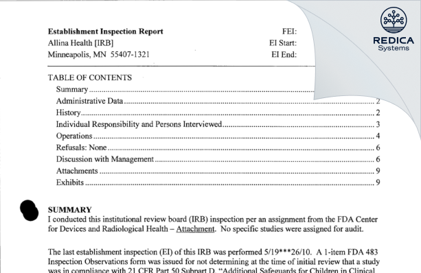 EIR - Allina Health [IRB] [Minneapolis / United States of America] - Download PDF - Redica Systems
