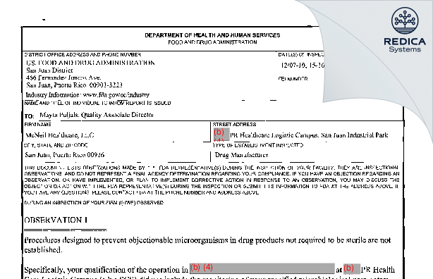 FDA 483 - Mcneil Healthcare, Llc [San Juan / United States of America] - Download PDF - Redica Systems
