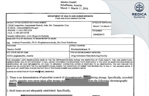 FDA 483 - Sandoz GmbH [Langkampfen / Austria] - Download PDF - Redica Systems