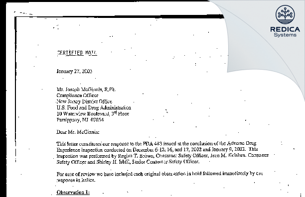 FDA 483 Response - Hoffmann La Roche Inc [Nutley / United States of America] - Download PDF - Redica Systems
