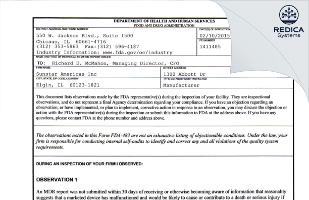 FDA 483 - Sunstar Americas Inc [Elgin / United States of America] - Download PDF - Redica Systems