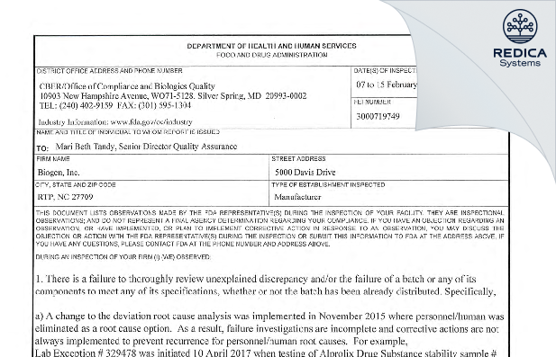 FDA 483 - Biogen MA Inc. [Research Triangle Park / United States of America] - Download PDF - Redica Systems
