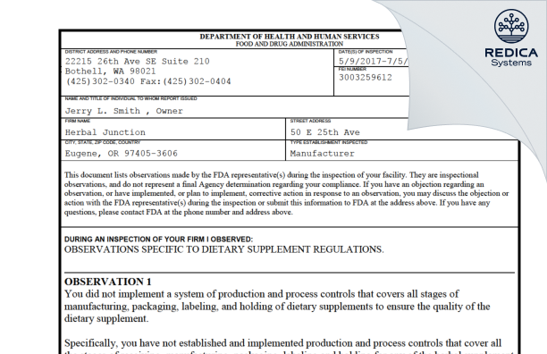 FDA 483 - Herbal Junction [Eugene / United States of America] - Download PDF - Redica Systems
