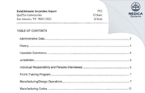 EIR - Qualtex Laboratories [San Antonio / United States of America] - Download PDF - Redica Systems