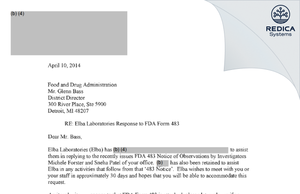 FDA 483 Response - Elba, Inc. [Troy / United States of America] - Download PDF - Redica Systems