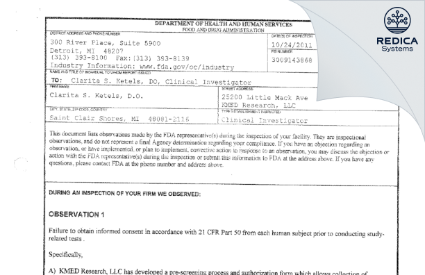 FDA 483 - Clarita S. Ketels, D.O. [Saint Clair Shores / United States of America] - Download PDF - Redica Systems