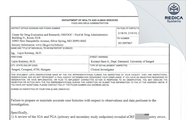 FDA 483 - Lajos Kemeny, M.D. [Szeged / Hungary] - Download PDF - Redica Systems