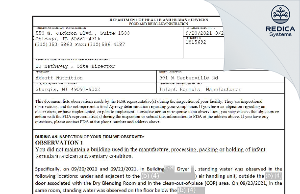 FDA 483 - Abbott Laboratories [Sturgis / United States of America] - Download PDF - Redica Systems