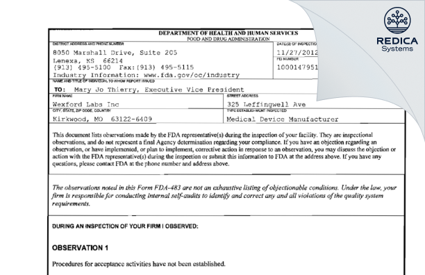 FDA 483 - Wexford Labs Inc [Kirkwood / United States of America] - Download PDF - Redica Systems