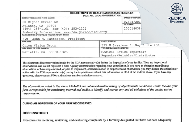 FDA 483 - Orion Vision Group, Inc. [Marietta / United States of America] - Download PDF - Redica Systems