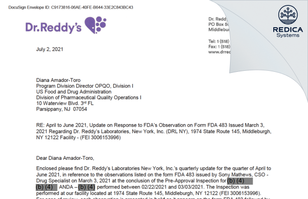 FDA 483 Response - DR. REDDY'S LABORATORIES NEW YORK, INC. [New York / United States of America] - Download PDF - Redica Systems