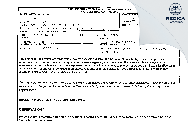 FDA 483 - Neomedix Corporation [Tustin / United States of America] - Download PDF - Redica Systems