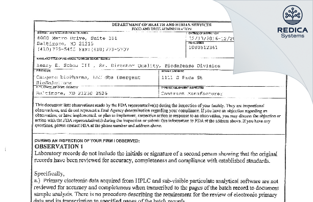 FDA 483 - Cangene BioPharma, LLC [Baltimore / United States of America] - Download PDF - Redica Systems