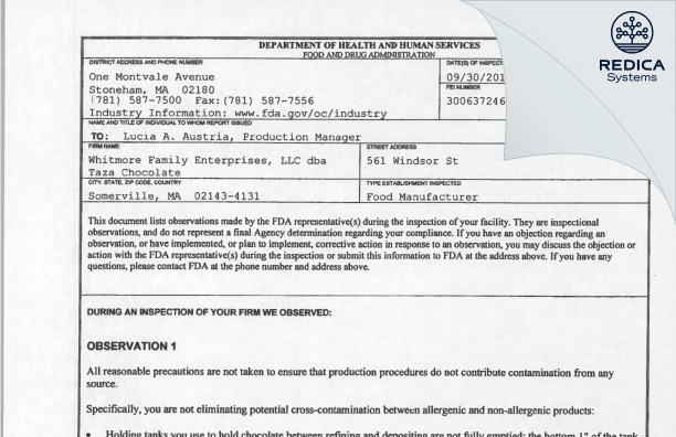 FDA 483 - Whitmore Family Enterprises, LLC [Somerville / United States of America] - Download PDF - Redica Systems
