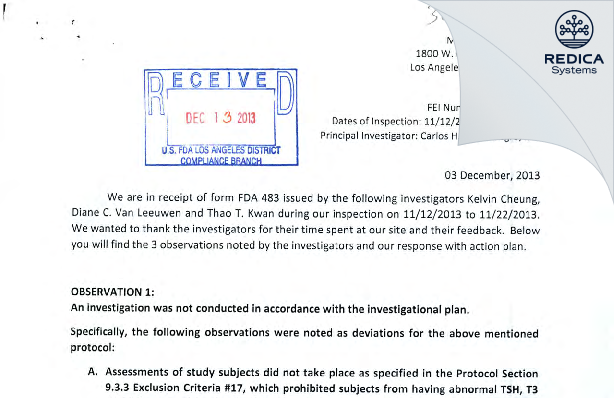 FDA 483 Response - Carlos H. Montenegro, MD [Los Angeles / United States of America] - Download PDF - Redica Systems