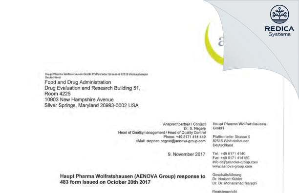 FDA 483 Response - Haupt Pharma Wolfratshausen GmbH [Wolfratshausen / Germany] - Download PDF - Redica Systems