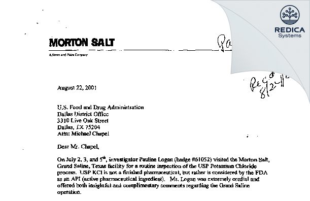 FDA 483 Response - Morton Salt, Inc [Grand Saline / United States of America] - Download PDF - Redica Systems
