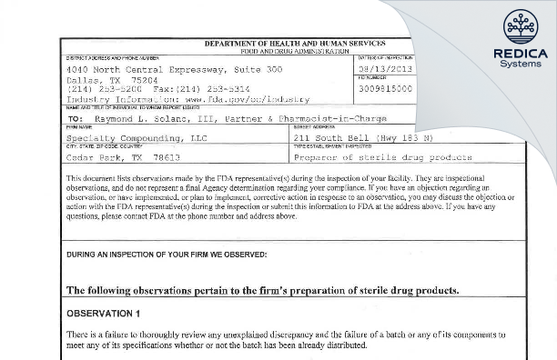 FDA 483 - Specialty Compounding, LLC [Cedar Park / United States of America] - Download PDF - Redica Systems