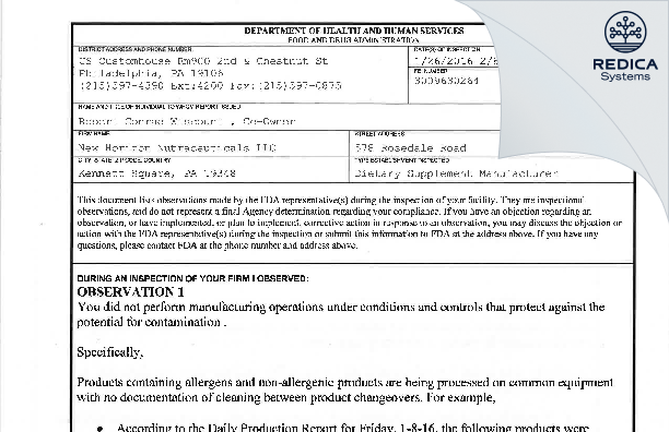 FDA 483 - New Horizon Nutraceuticals LLC [Kennett Square / United States of America] - Download PDF - Redica Systems