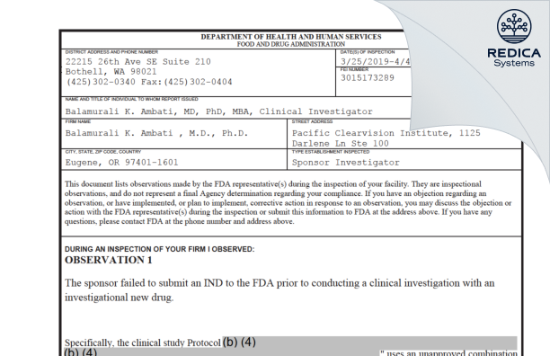 FDA 483 - Balamurali K. Ambati , M.D., Ph.D. [Eugene / United States of America] - Download PDF - Redica Systems