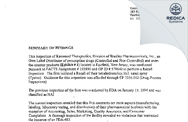 EIR - Kenwood Therapeutics [Fairfield / United States of America] - Download PDF - Redica Systems