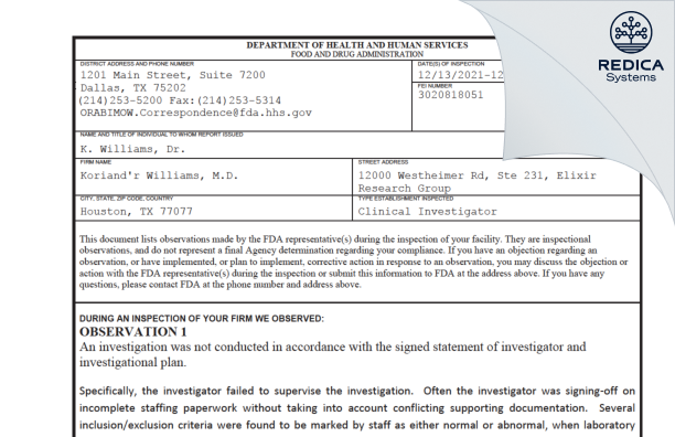 FDA 483 - Koriand'r Williams, M.D. [Houston / United States of America] - Download PDF - Redica Systems