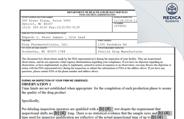 FDA 483 - King Pharmaceuticals LLC [Rochester / United States of America] - Download PDF - Redica Systems